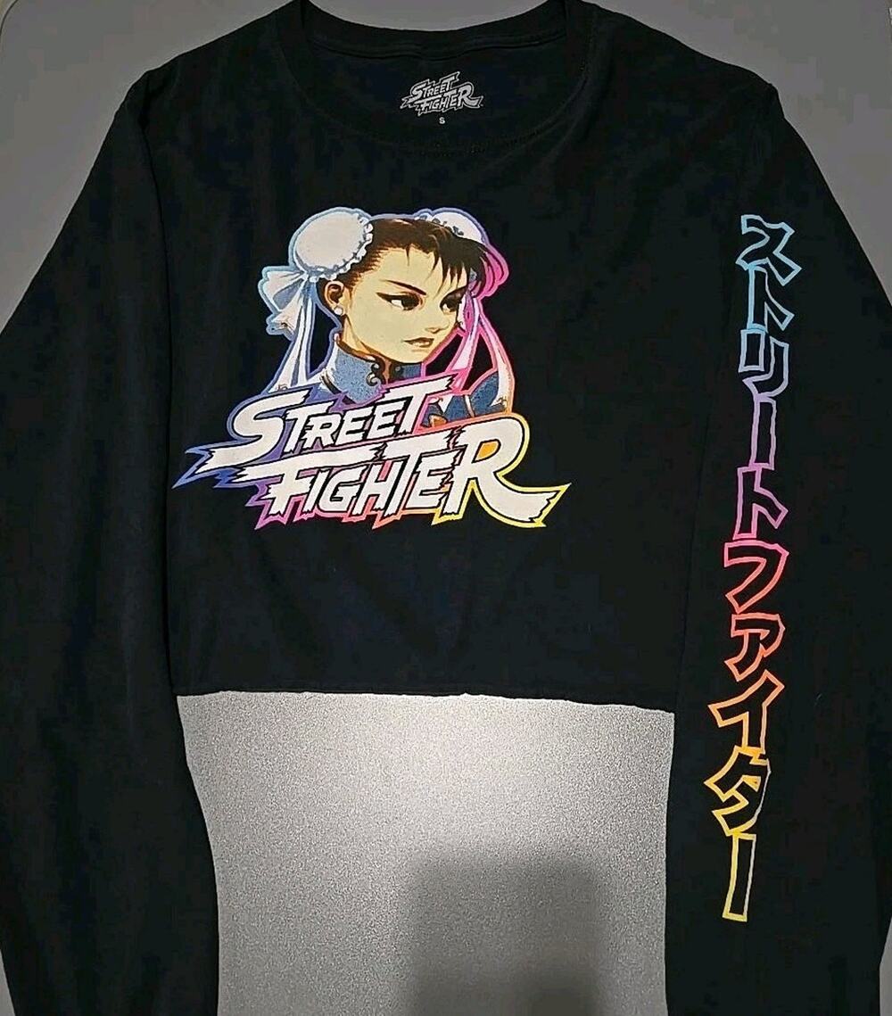 Street Fighter Chun-Li Crop Long Sleeve Shirt Small Black Graphic Anime Gaming